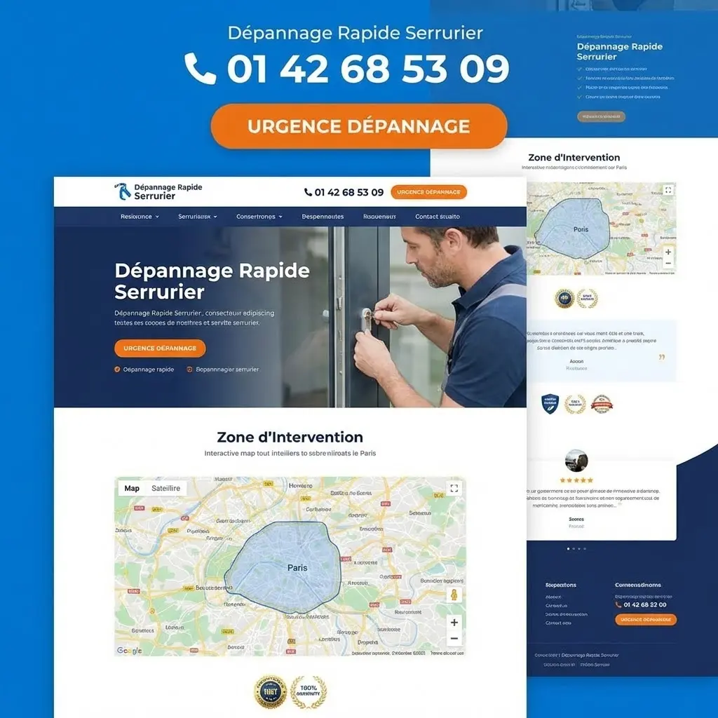 [image : Site Durable créé pour un serrurier, design professionnel avec call-to-action visible, numéro de téléphone mis en avant, zone d'intervention sur carte, couleurs bleu confiance]