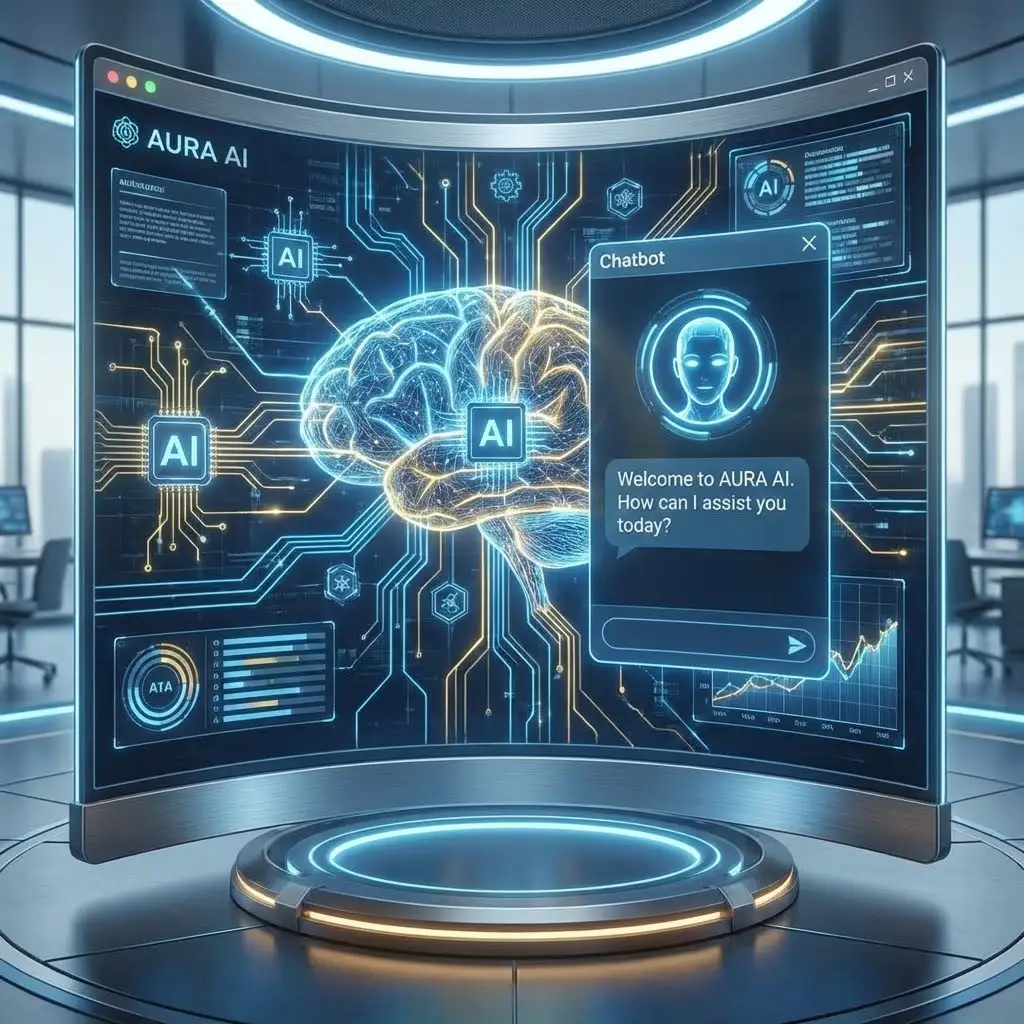 [image : Site web futuriste avec interface de chatbot visible, composants d'IA visuels comme des circuits ou réseaux neuronaux stylisés, design high-tech moderne]