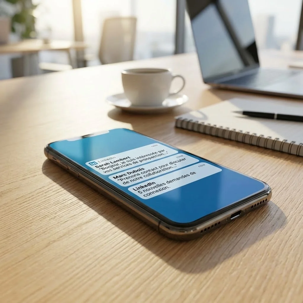 [image : smartphone affichant des notifications LinkedIn avec des messages de prospection, ambiance professionnelle moderne]