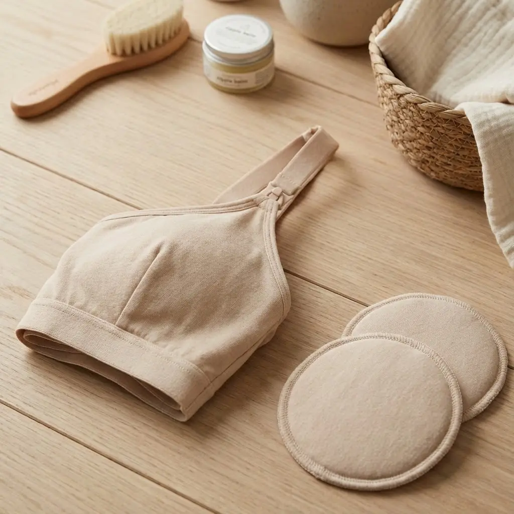 Soutien-gorge d'allaitement beige avec coussinets lavables positionnés à côté, sur une surface en bois clair, accessoires de soin maternel en arrière-plan flou, style nature morte épurée