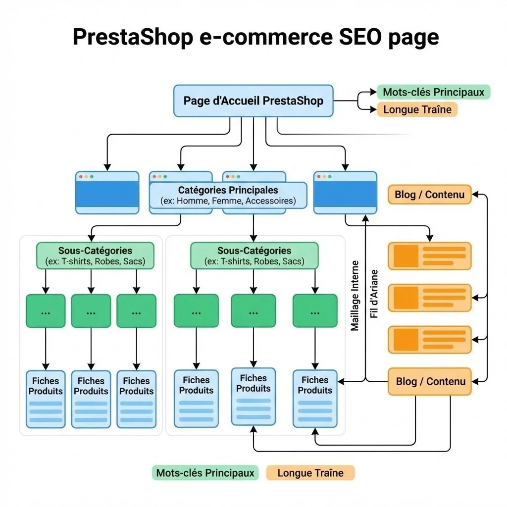 [image : structure de pages pour le SEO e-commerce PrestaShop]