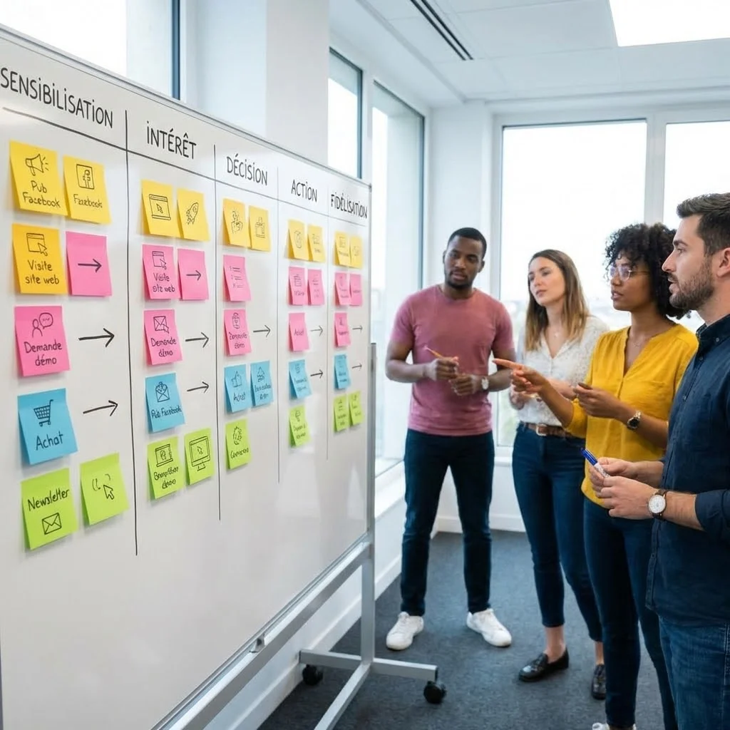 [image : tableau blanc avec post-it colorés représentant les différentes étapes d'un parcours client, équipe en arrière-plan]