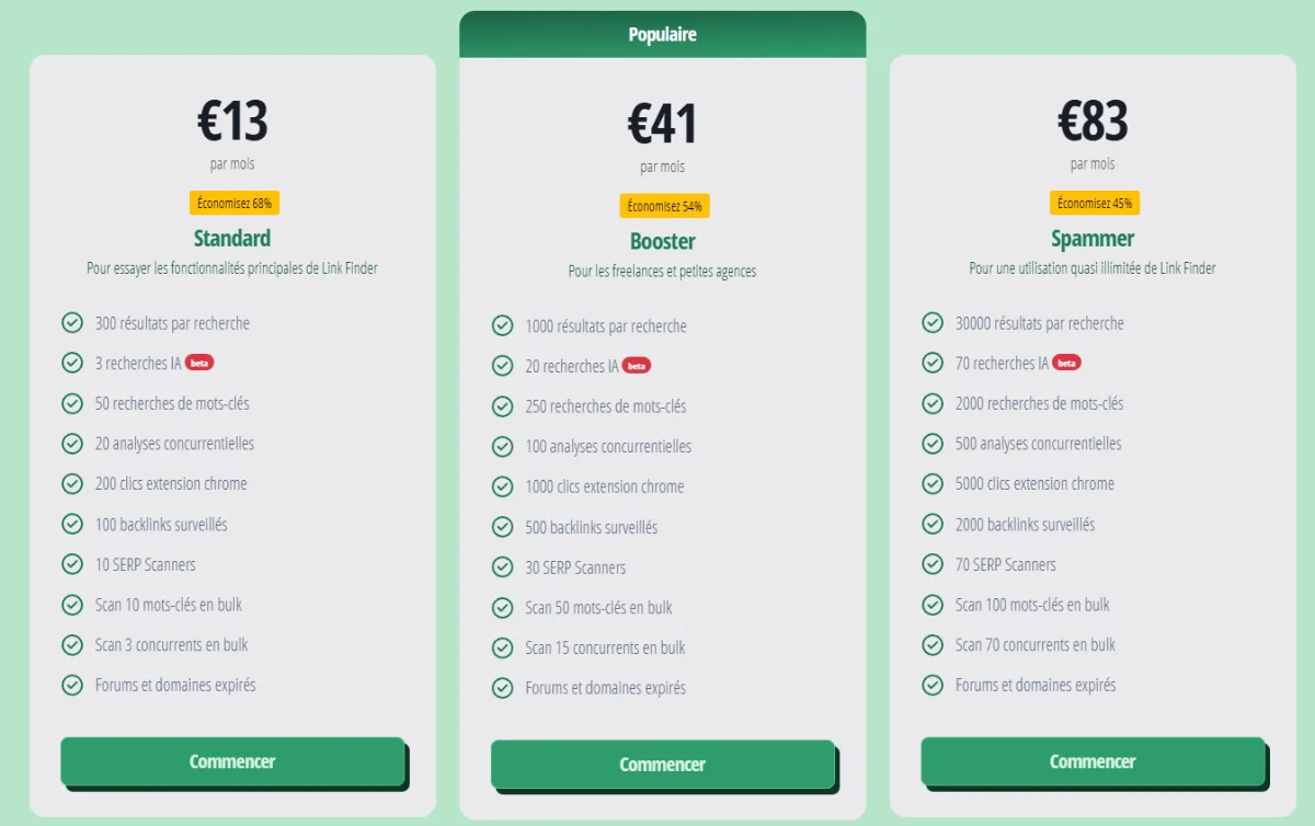 Tableau comparatif des 3 formules LinkFinder