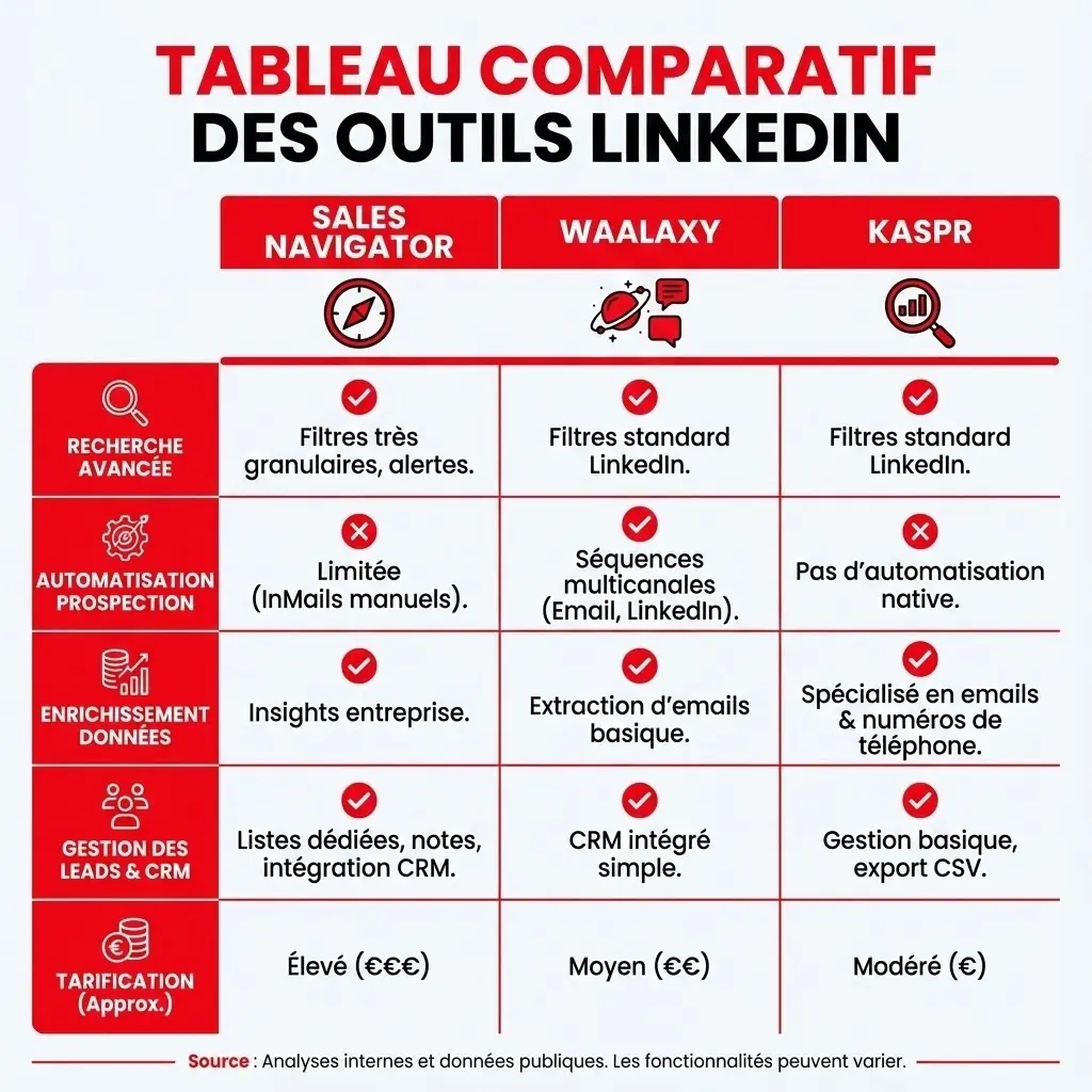 [image : Tableau comparatif des outils LinkedIn (Sales Navigator, Waalaxy, Kaspr), icônes des logiciels, style infographie moderne avec fonctionnalités clés]