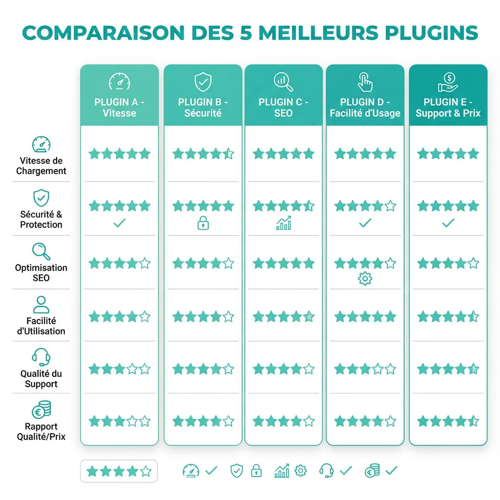 [image : Tableau comparatif design avec les 5 plugins en colonnes, critères en lignes (prix, facilité, fonctionnalités, support), étoiles de notation, fond blanc épuré]