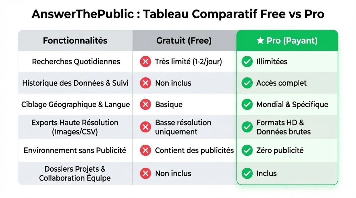 [image : Tableau comparatif Free vs Pro avec icônes de validation, colonnes distinctes, design moderne]