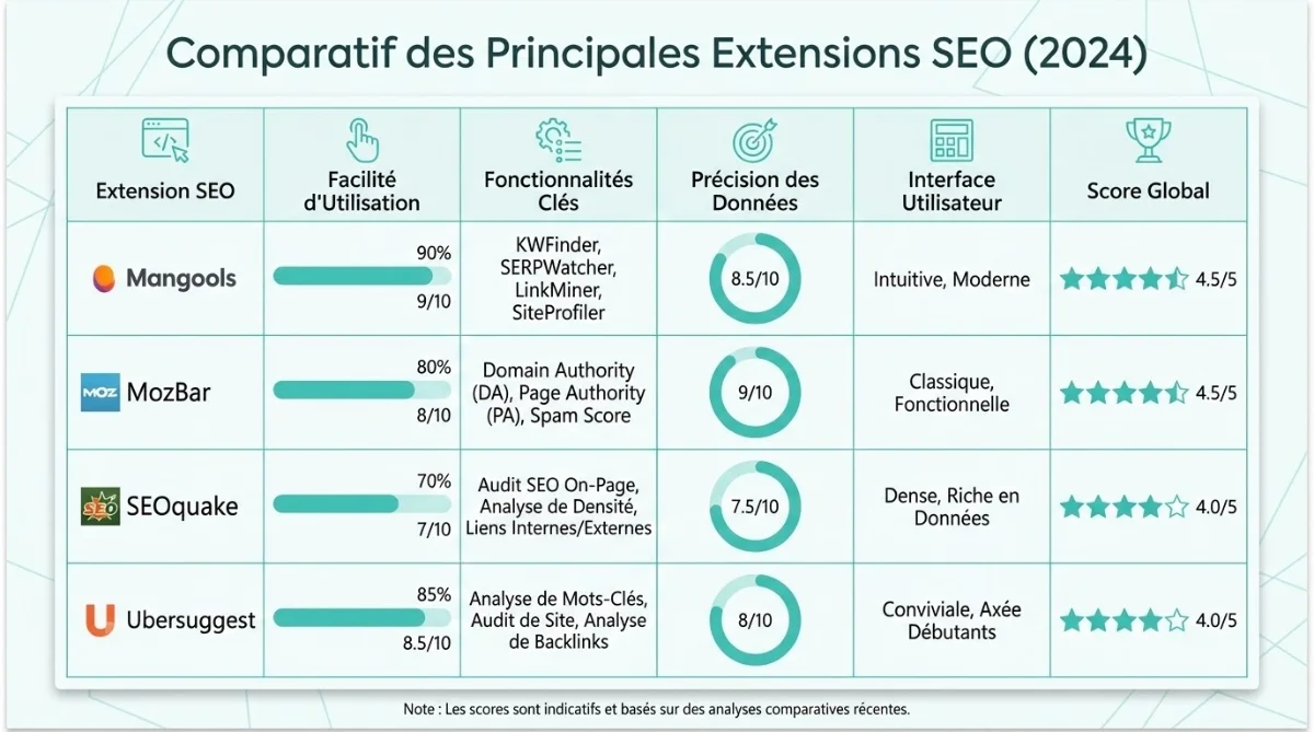 [image : Tableau comparatif visuel des principales extensions SEO (Mangools, MozBar, SEOquake, Ubersuggest) with icônes and scores]