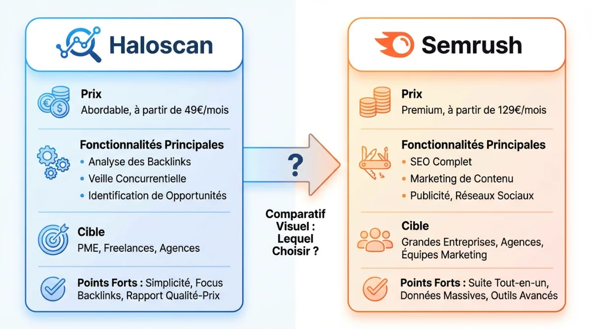 [image : Tableau comparatif visuel Haloscan vs Semrush avec icônes, prix, fonctionnalités principales, style infographique moderne]