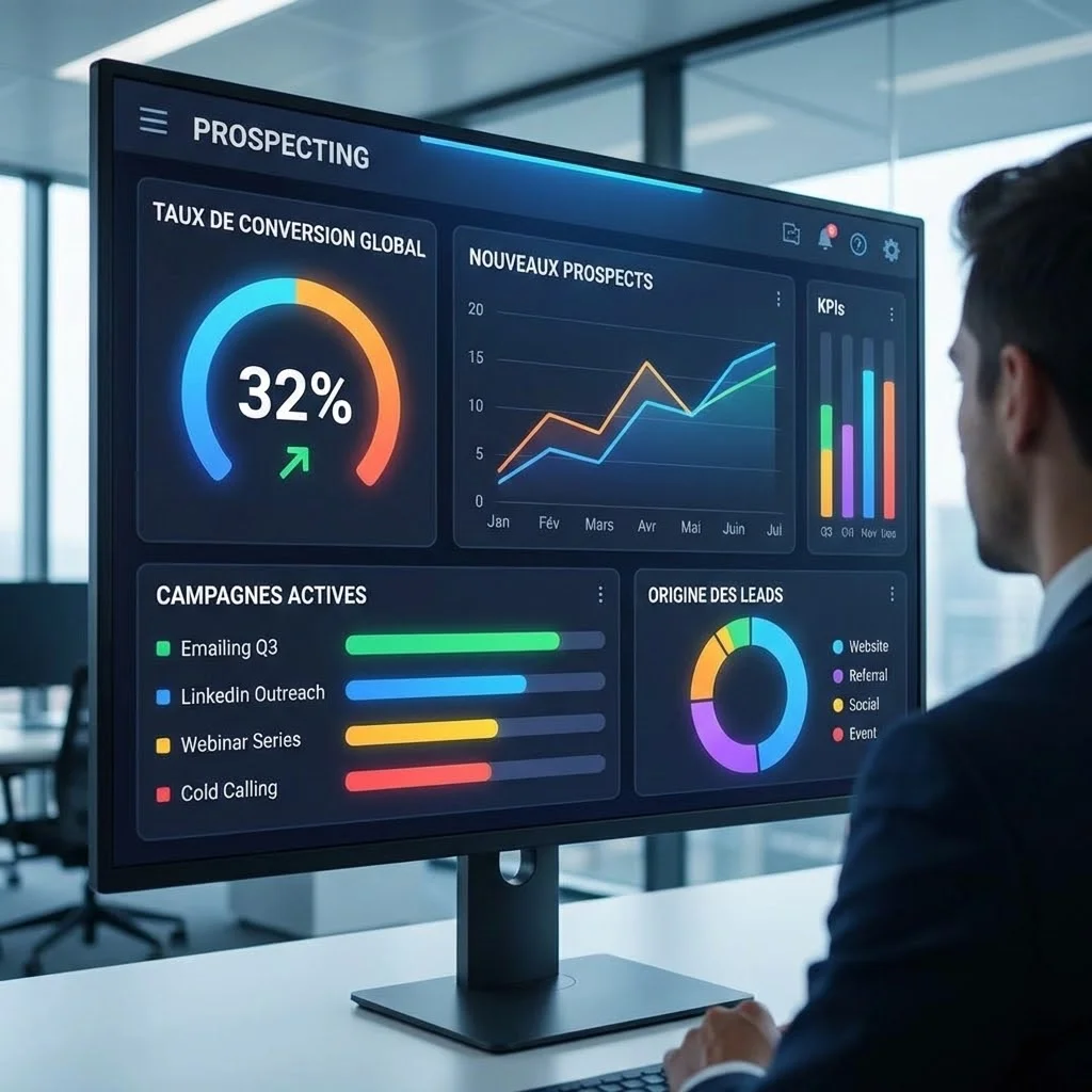 [image : Tableau de bord affichant KPI de prospection - taux de conversion, campagnes actives - avec graphiques colorés, style dashboard moderne]