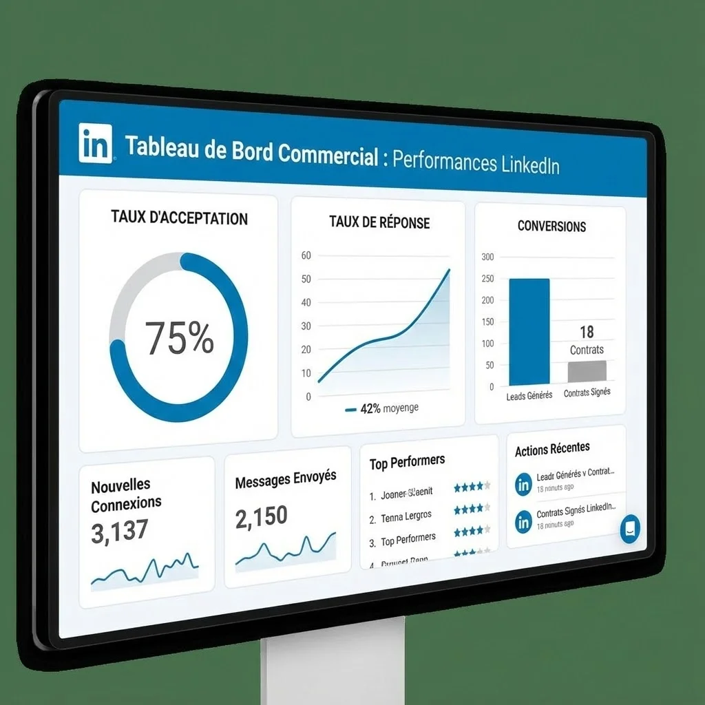 [image : Tableau de bord commercial avec métriques LinkedIn (taux d'acceptation, taux de réponse, conversions), style dashboard moderne avec graphiques]