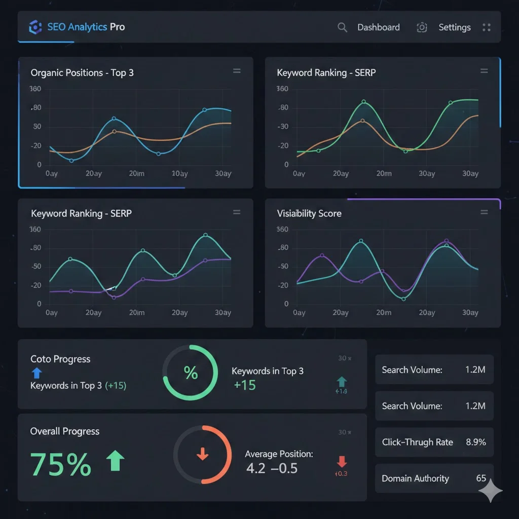[image : Tableau de bord de suivi des positions SEO avec courbes d'évolution et indicateurs de progression, style dashboard analytics]