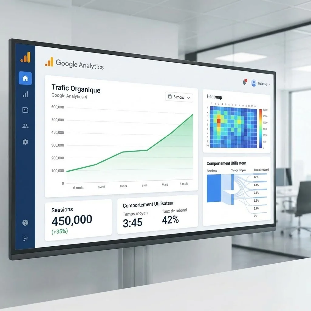 [image : Tableau de bord Google Analytics moderne montrant un graphique de trafic organique en croissance, avec données de sessions et comportement utilisateur]