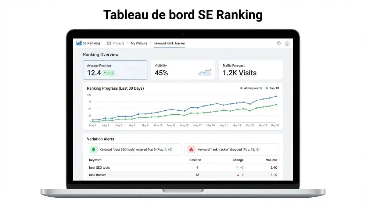 [image : Tableau de bord SE Ranking avec widgets de suivi de positions, graphique d'évolution du positionnement et alertes de variations - style interface utilisateur moderne épurée]