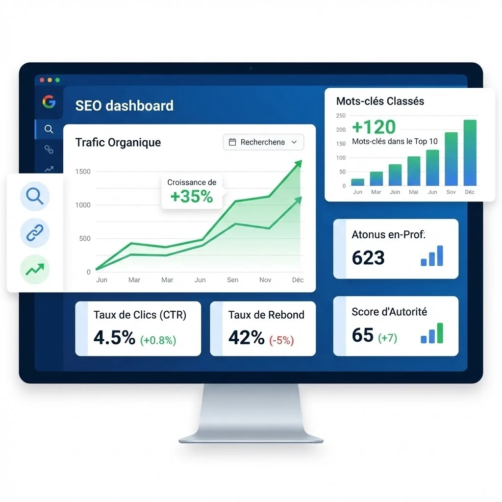 [image : Tableau de bord simplifié montrant les indicateurs clés d'une stratégie SEO, avec des courbes de progression positives, style dashboard moderne]