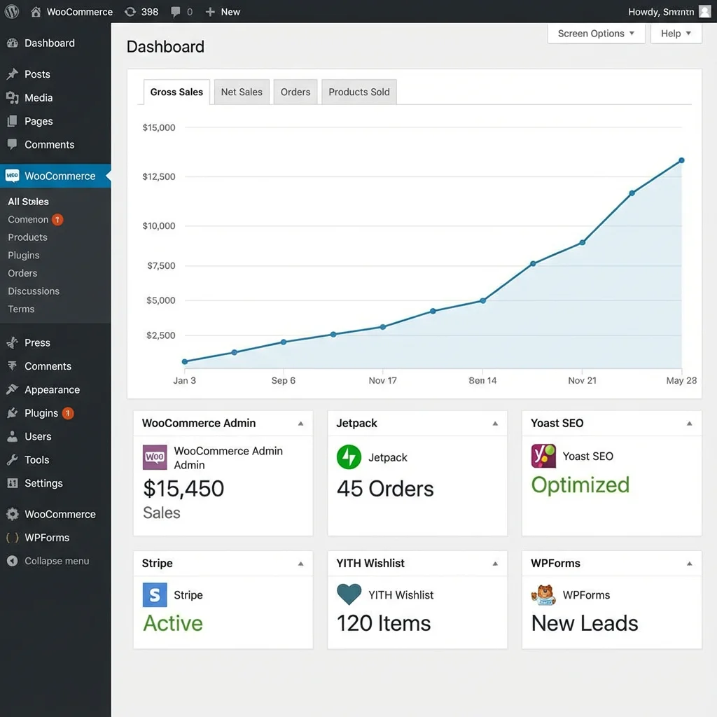 [image : Tableau de bord WooCommerce avec plusieurs plugins actifs montrant les statistiques de vente]