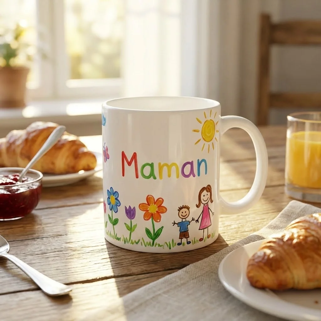 Tasse blanche décorée à la main avec un dessin d'enfant coloré et le mot "Maman" en lettres enjouées, posée sur une table de petit-déjeuner ensoleillée