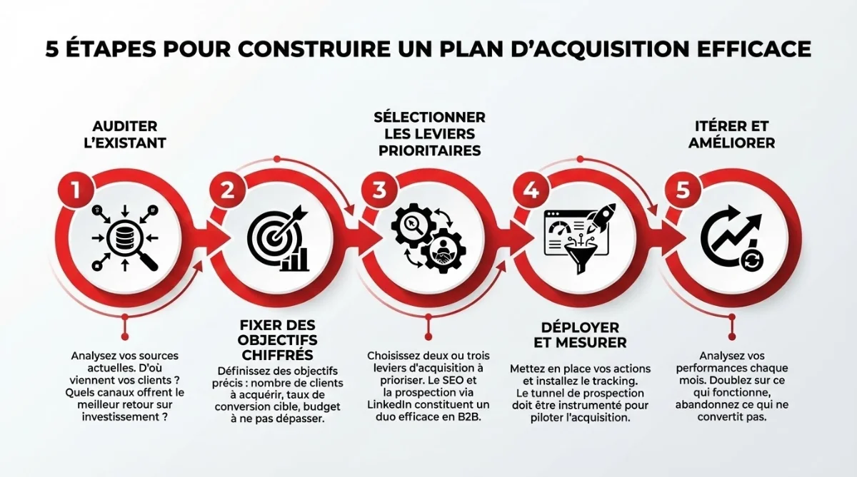 [image : Timeline visuelle des 5 étapes de construction d'un plan d'acquisition avec icônes et flèches de progression, design épuré aux couleurs professionnelles]