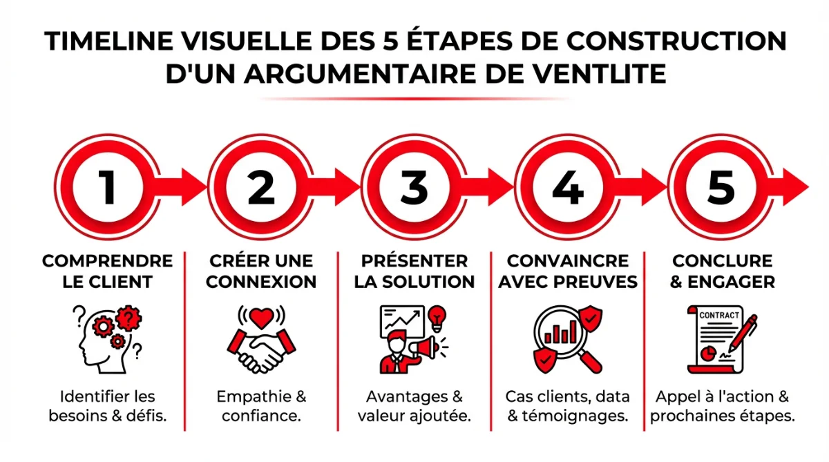 [image : Timeline visuelle des 5 étapes de construction d'un argumentaire de vente, style flat design avec icônes et numérotation, palette de couleurs professionnelle]