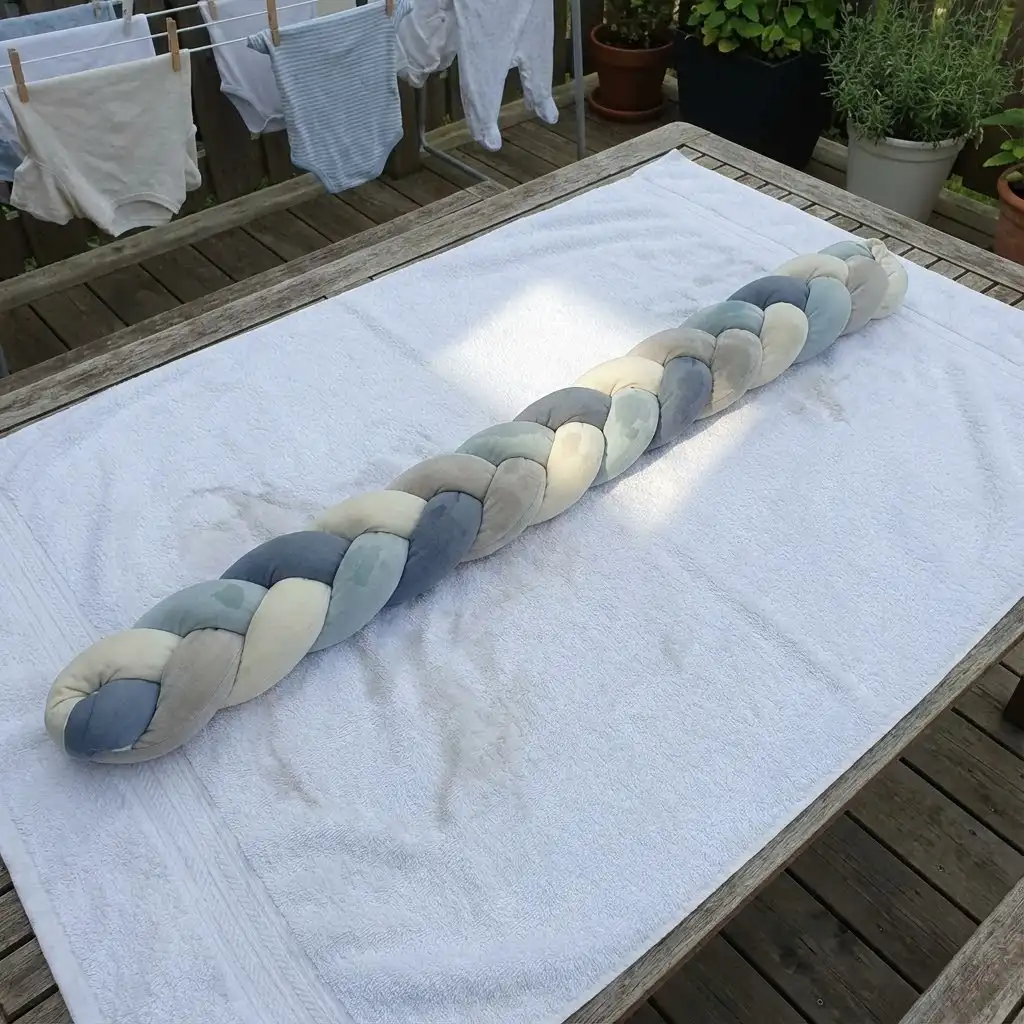 Tresse de lit posée à plat sur une serviette blanche, en train de sécher