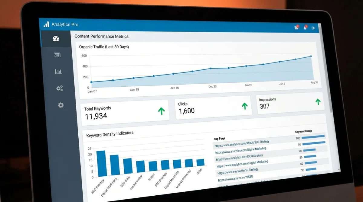 [image : Vue d'écran montrant un tableau de bord SEO avec des métriques de performance de contenu, graphiques de trafic organique et indicateurs de densité de mots-clés]