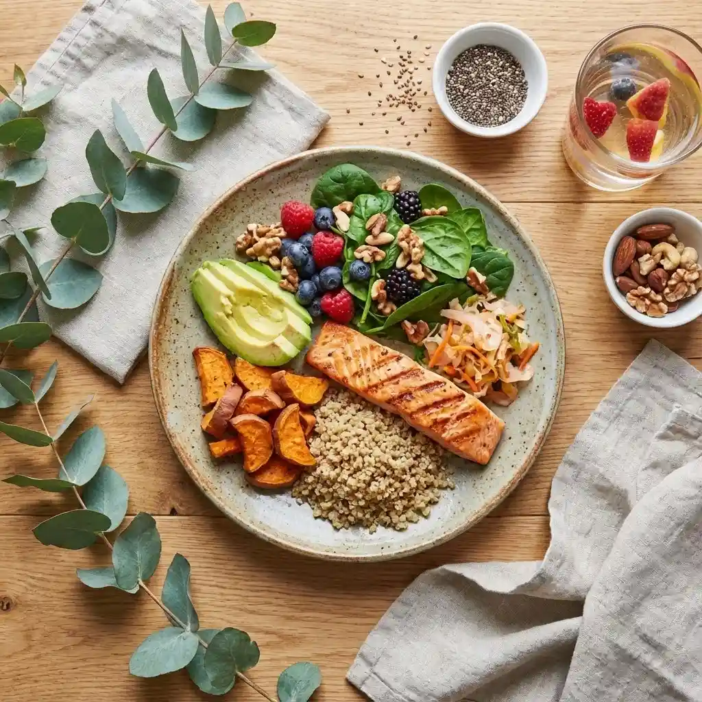 Vue de dessus d'une assiette colorée et appétissante avec une alimentation équilibrée pour femme allaitante : légumes variés, protéines, féculents, sur une table en bois naturel avec des éléments de décoration végétale