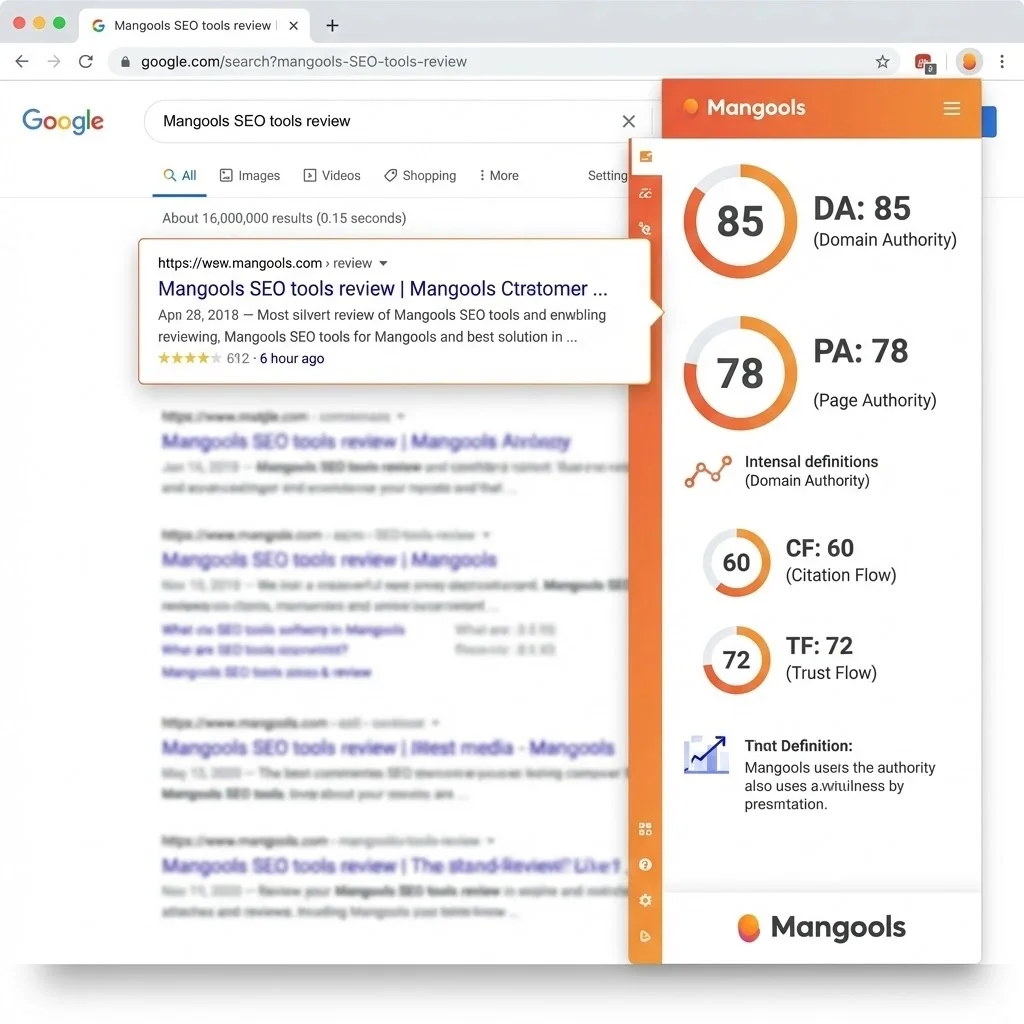 [image : Vue détaillée des métriques affichées par Mangools (DA, PA, CF, TF) sur un résultat de search, design moderne avec palette orange]