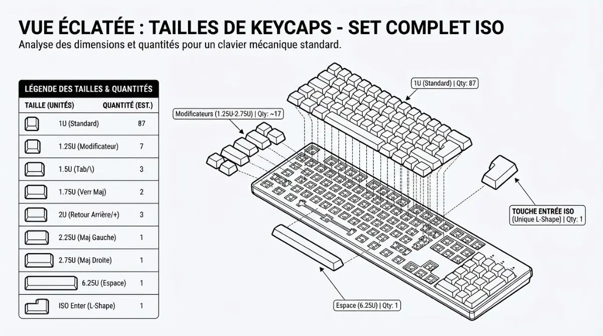 [image : vue éclatée montrant les différentes tailles de keycaps d'un set complet ISO]