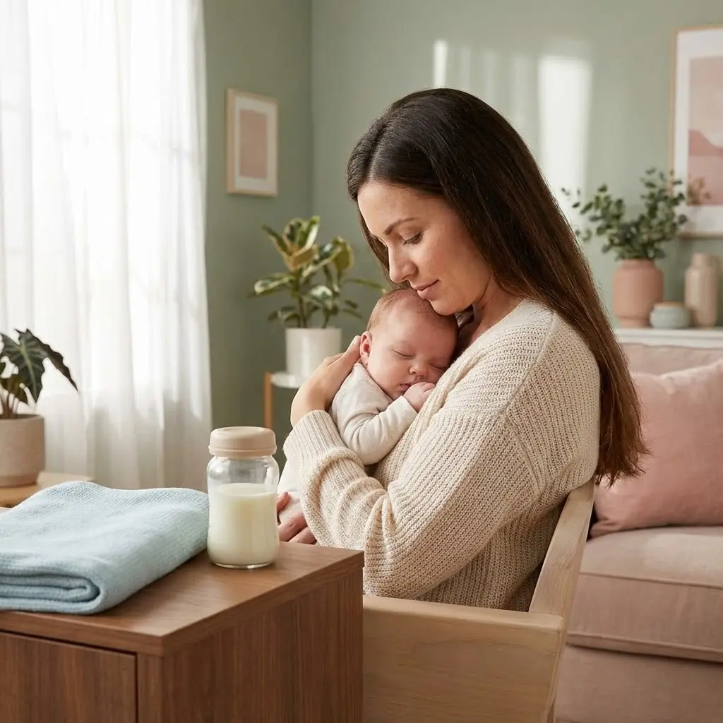 [iPhoto douce et lumineuse d'une maman tenant son bébé contre elle, un biberon de lait maternel à portée de main. Ambiance apaisante, tons pastel, lumière naturelle. Style lifestyle authentique.]mage :