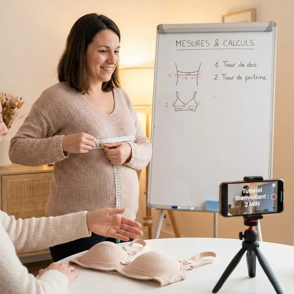 [vidéo : Tutoriel montrant comment prendre ses mesures pour un soutien-gorge d'allaitement - démonstration avec mètre ruban, explication des calculs de taille, conseils pour essayer et ajuster, durée 2 minutes, style pédagogique et bienveillant]