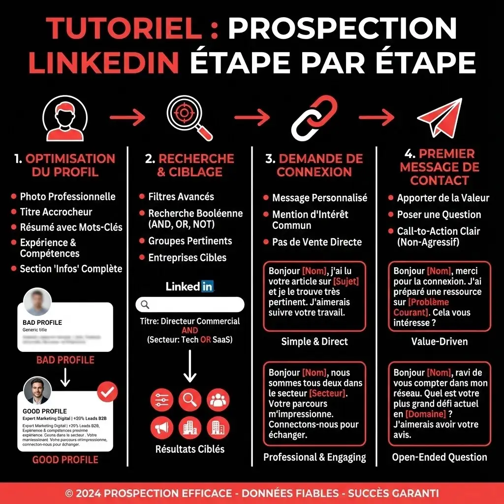 [vidéo : Tutoriel montrant le processus complet de prospection LinkedIn étape par étape, de l'optimisation du profil à l'envoi du premier message, avec exemples concrets]