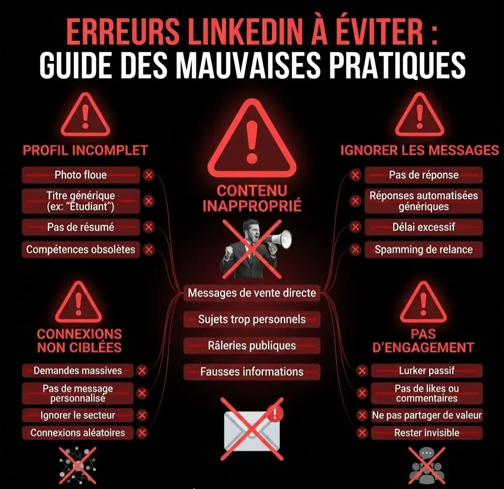 [image : Illustration des erreurs LinkedIn à éviter, icônes d'avertissement, exemples de mauvaises pratiques barrées, style infographie éducative]