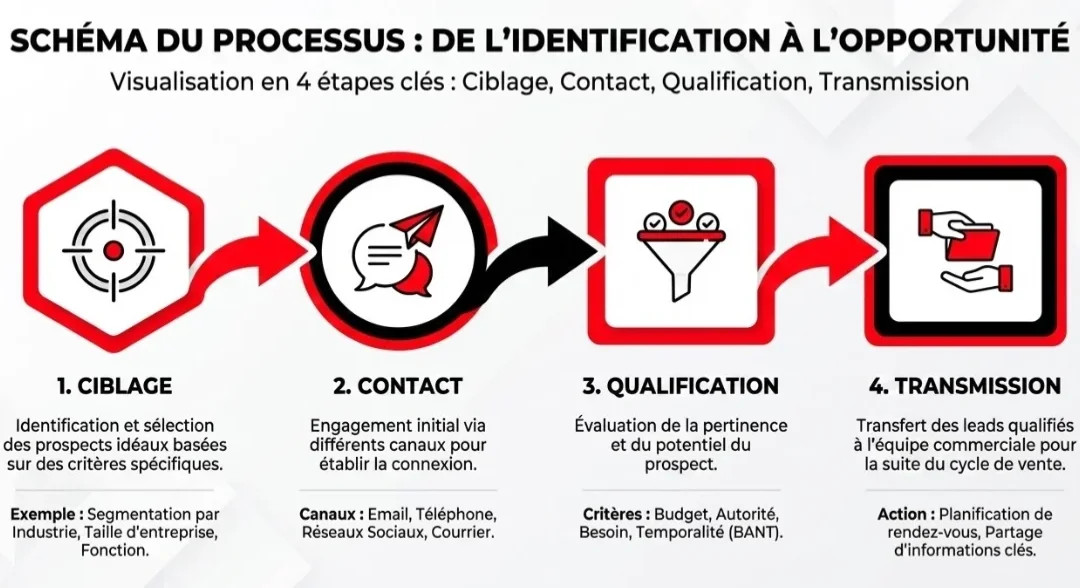 [image : Schéma du processus en 4 étapes avec flèches : ciblage, contact, qualification, transmission, design infographique moderne]