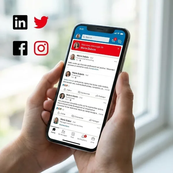 [image : Écran de smartphone affichant LinkedIn avec notifications de messages, networking professionnel, icônes de réseaux sociaux en arrière-plan flou]