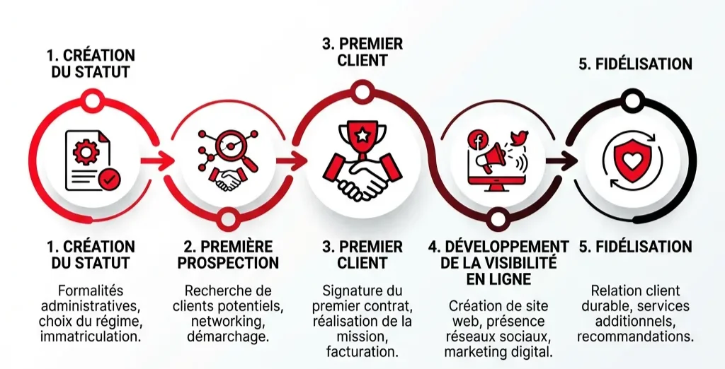 [image : timeline visuelle montrant les étapes clés pour un auto-entrepreneur qui démarre : création du statut, première prospection, premier client, développement de la visibilité en ligne, fidélisation]