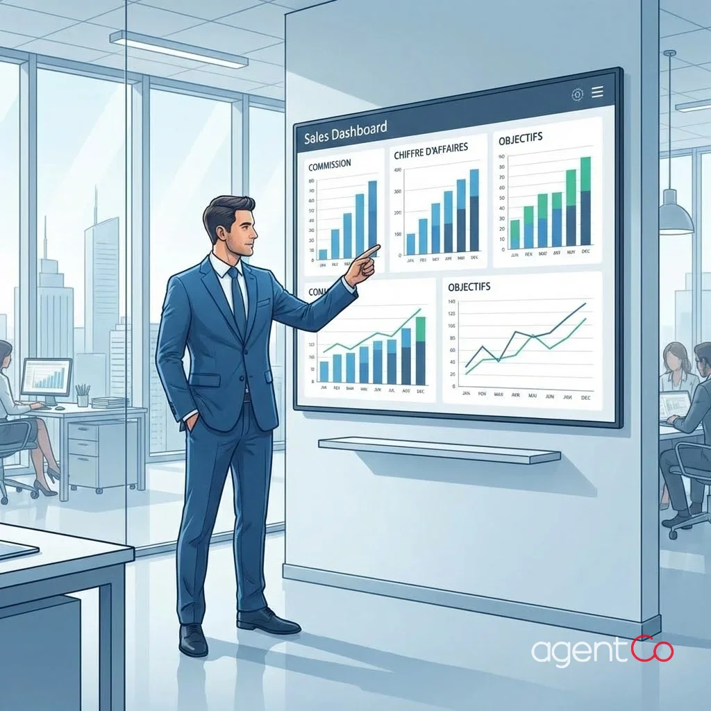 [image : Illustration professionnelle montrant un agent commercial consultant un tableau de bord avec des graphiques de commission et de chiffre d'affaires, dans un bureau moderne, style business corporate]