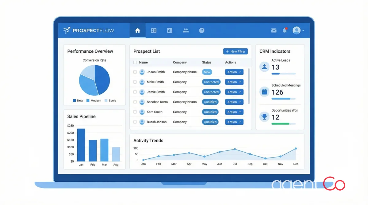 [image : Illustration professionnelle d'un tableau de bord de logiciel de prospection commerciale avec graphiques de performance, liste de prospects et indicateurs CRM, style flat design moderne, tons bleu et blanc]