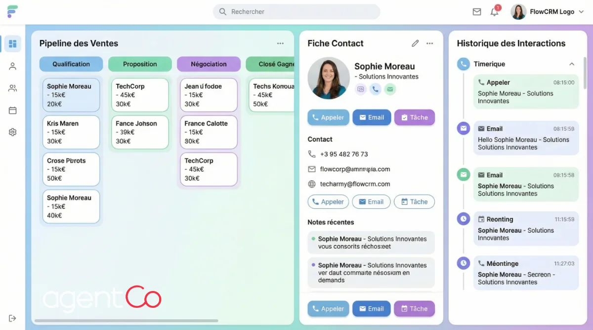 [image : Capture d'écran stylisée d'un CRM avec pipeline de vente, fiches contacts et historique d'interactions, interface moderne et épurée]