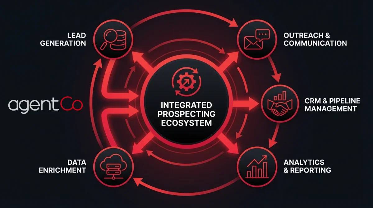 [image : Illustration de connecteurs entre différents outils formant un écosystème de prospection intégré, style icônes connectées avec flèches]