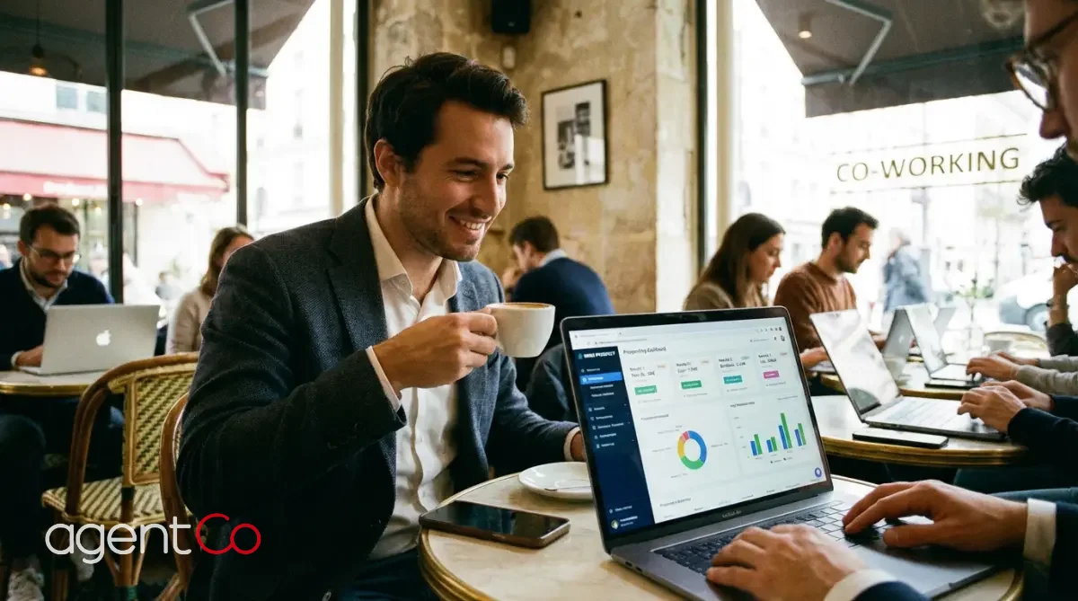 [image : Commercial indépendant travaillant sur un ordinateur portable avec tableau de bord de prospection affichant plusieurs mandats clients, ambiance professionnelle]