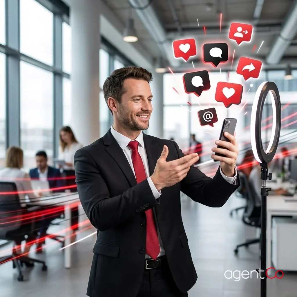 [image : Commercial créant du contenu sur smartphone avec des notifications d'engagement apparaissant autour, ambiance dynamique et moderne]