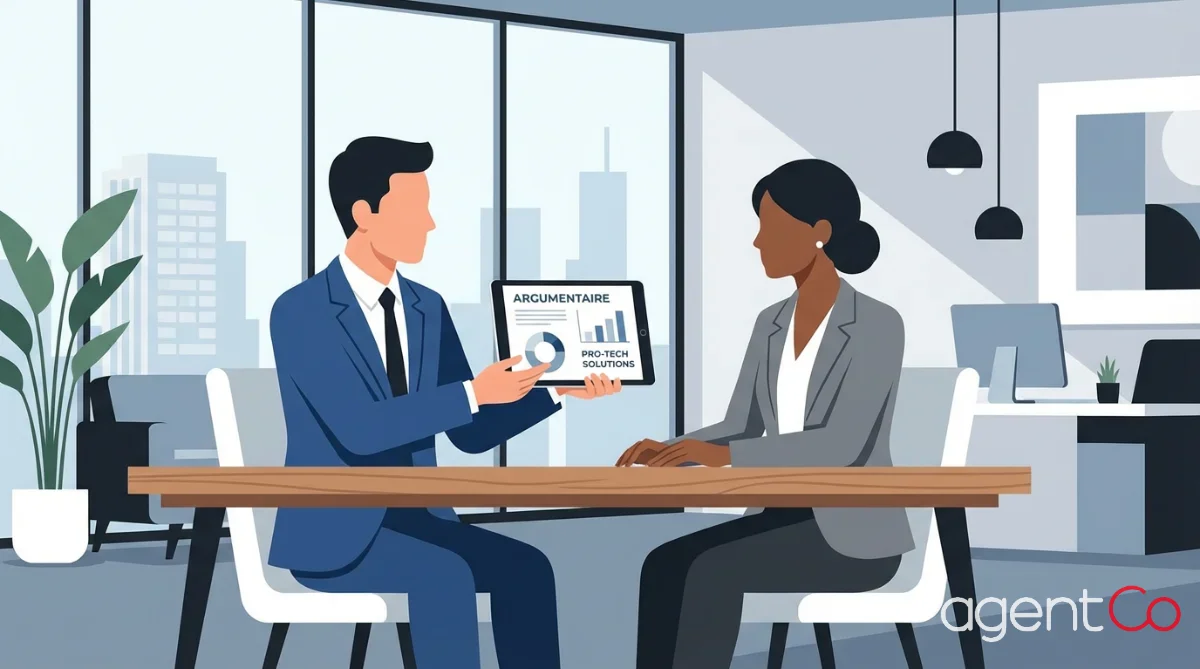 [image : Illustration professionnelle d'un commercial en rendez-vous client, présentant un argumentaire sur tablette, ambiance bureau moderne, couleurs sobres bleu et gris, style flat design corporate]