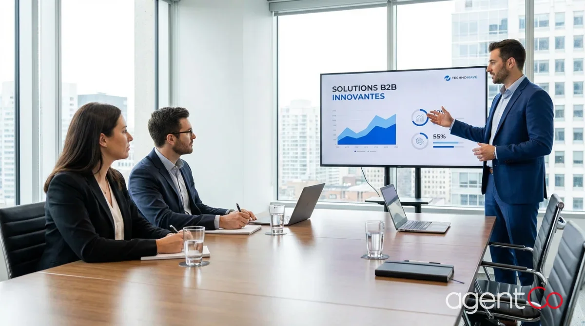 [image : Scène de réunion commerciale B2B avec présentation sur écran, deux interlocuteurs côté client et un commercial, style photo corporate réaliste]