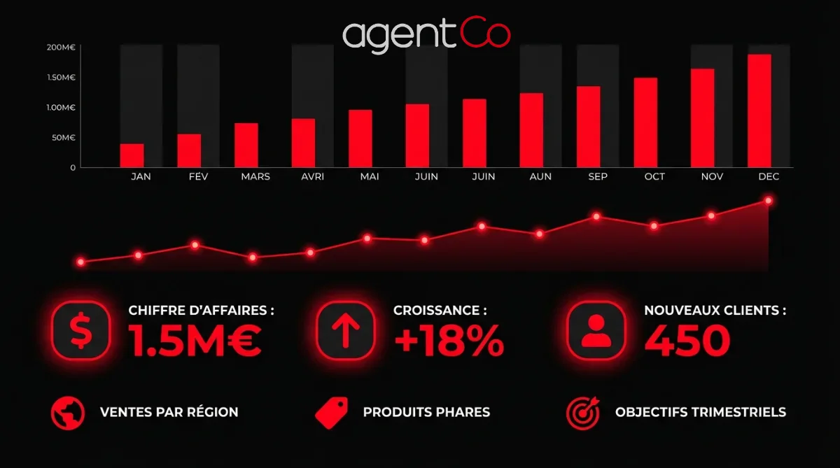 [image : Illustration professionnelle d'un tableau de bord commercial digital avec graphiques de vente, courbes de performance et indicateurs KPI lumineux sur fond sombre, style flat design moderne]
