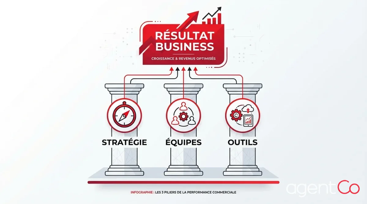 [image : Schéma visuel des 3 piliers de la performance commerciale représentés comme des colonnes supportant un résultat business, avec icônes stratégie, équipes et outils, style minimaliste professionnel]