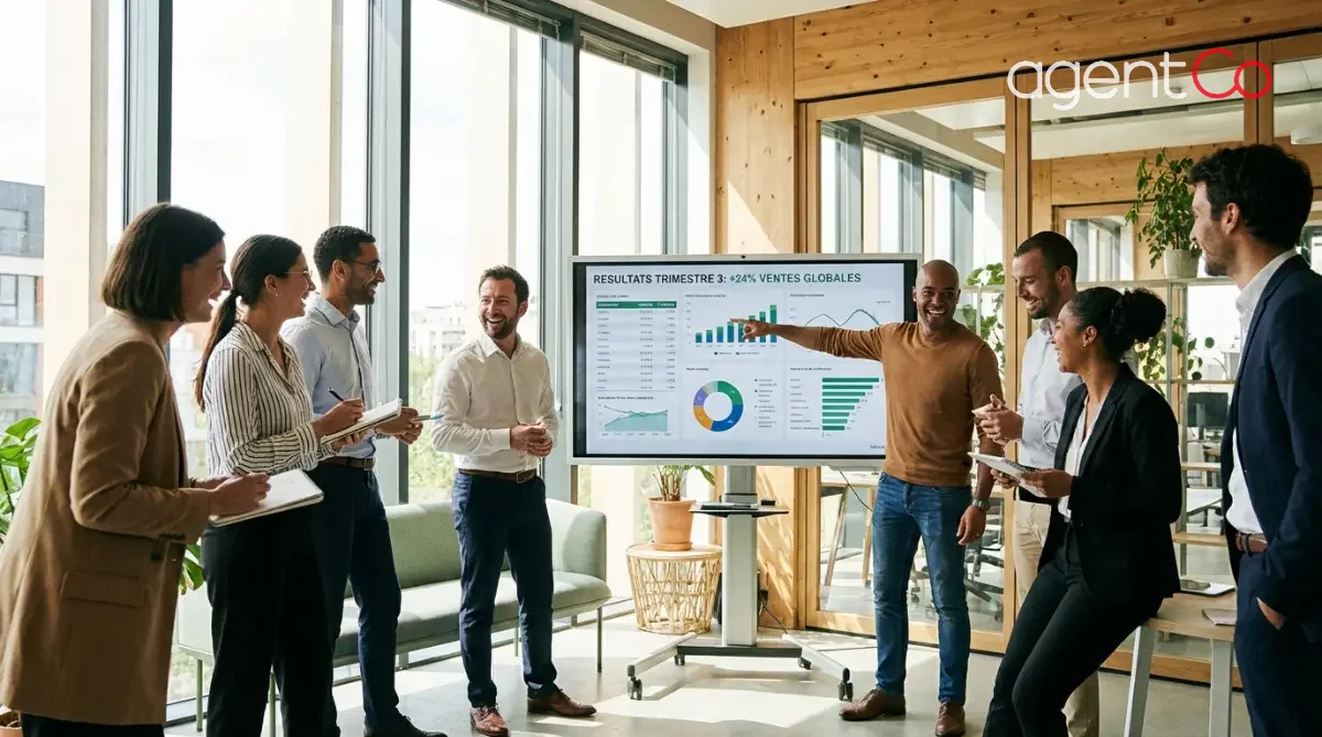 [image : Photo d'une équipe commerciale en réunion autour d'un écran affichant des résultats de vente, ambiance professionnelle dynamique, bureau moderne lumineux, style photojournalisme corporate]