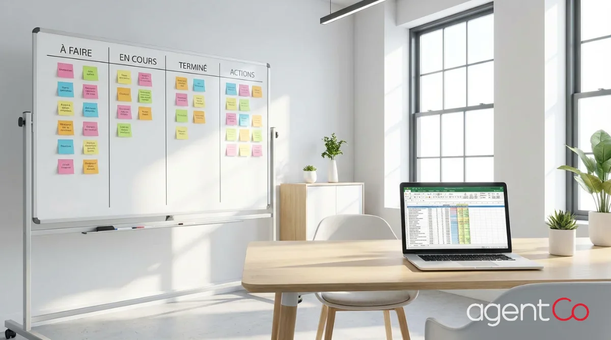 [image : photo d'un bureau professionnel avec un tableau blanc couvert de post-its colorés organisés en colonnes (objectifs, actions, délais), un ordinateur portable ouvert sur un tableur, ambiance lumineuse et moderne, style corporate épuré]