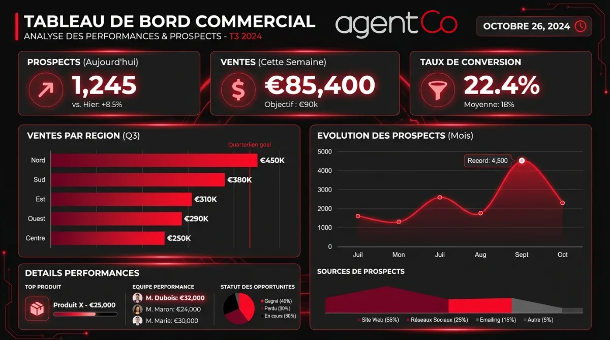 [image : infographie moderne montrant un tableau de bord commercial avec des graphiques de progression (barres et courbes), des KPI mis en avant (taux de conversion, CA, nombre de prospects), fond sombre avec accents de couleur vive]