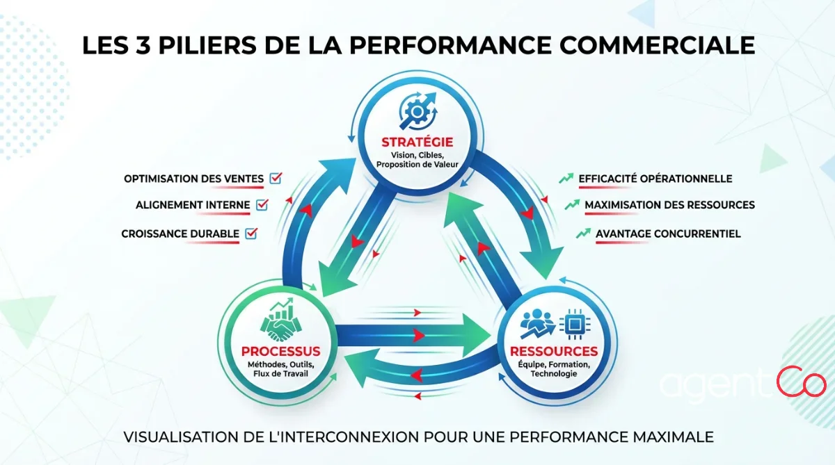[image : schéma visuel triangulaire représentant les 3 piliers de la performance commerciale (stratégie, compétences, management) reliés entre eux par des flèches, design moderne avec icônes, fond blanc avec couleurs professionnelles bleu et vert]