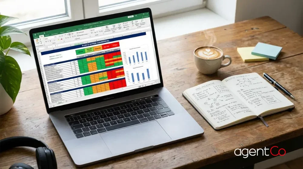 [image : plan en plongée d'un bureau avec un ordinateur portable affichant un tableur Excel de plan d'action commercial avec codes couleurs vert/orange/rouge, un carnet de notes ouvert à côté, une tasse de café, ambiance de travail productive]