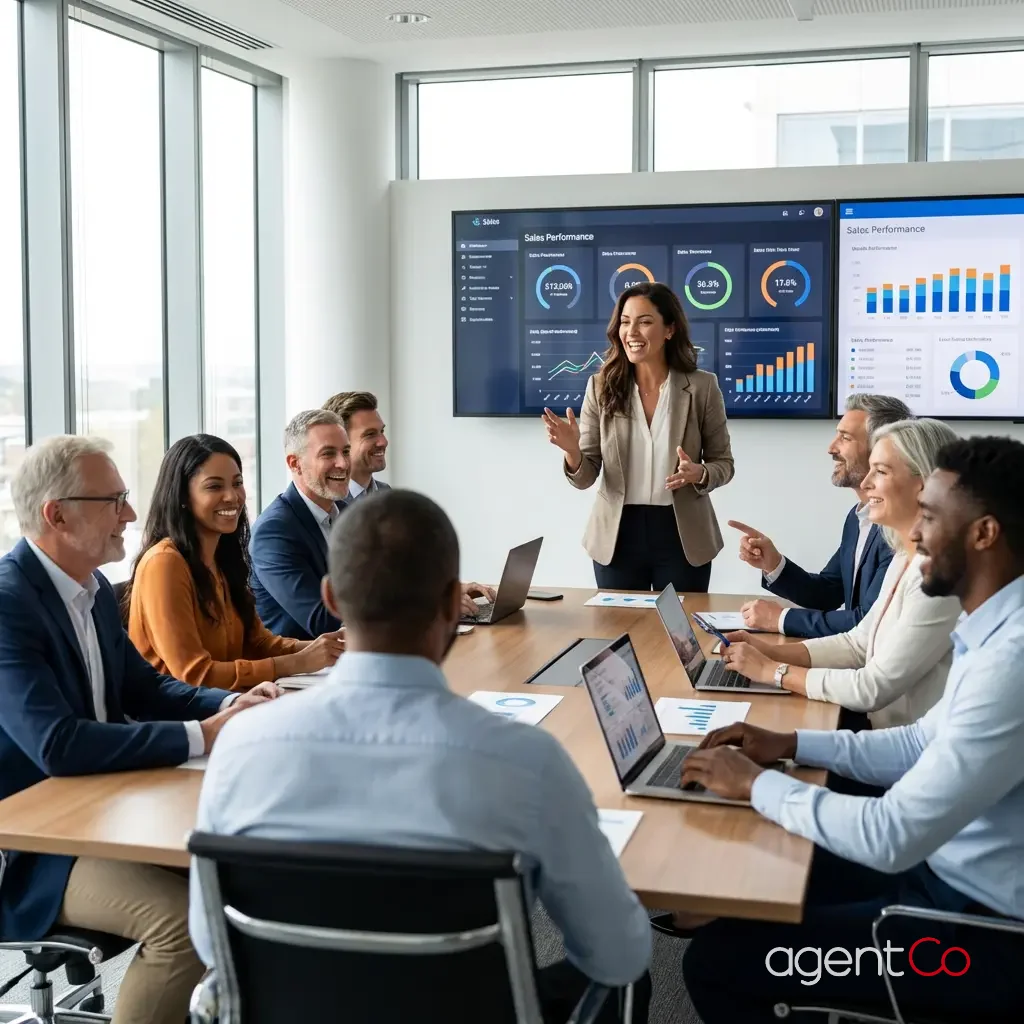 [image : Photo professionnelle d'un manager en réunion avec son équipe de vente autour d'une table, tableaux de bord de performance affichés en arrière-plan, ambiance corporate moderne et dynamique, lumière naturelle]